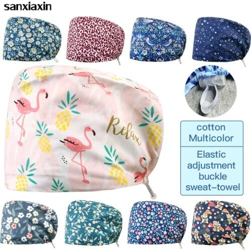Cartoon Printing caps Adjustable Elastic Buckle Health service Scrubs Women Hats 100%cotton pet beauty Work Hats Sweat-absorbent
