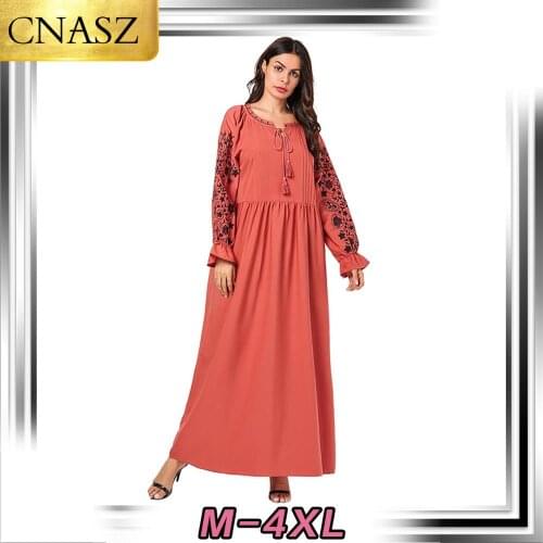 Latest Muslim Dress Arabian Plus Size Womens Middle East Plant Embroidered Flared Sleeve Casual Dress Moroccan Pakistan Kimono