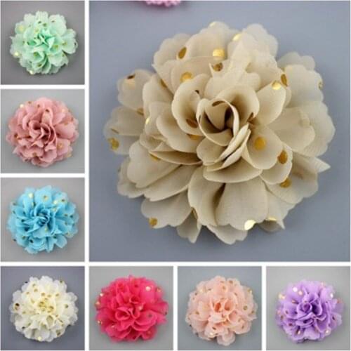 Wholesale 40pcs/lot Puffy Gold Polka Dot Chiffon Flower Chic Fabric Floral for Girl Headband 24colors Free Shipping