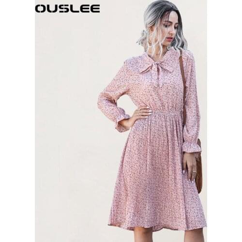 OUSLEE 2021 Spring Floral Printed Dress Women Korean Style Chffion A-Line Dresses Casual Long Sleeves Midi Dress Female Clothing