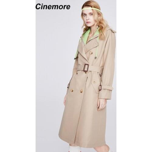 CINEMORE Womens trench coat Hooded Long 2021 Fashion Overcoat female Turn-down Collar Double Breasted Pocket coat women 92230