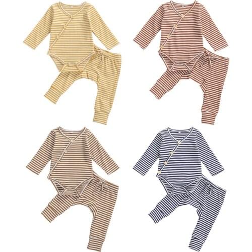0-18M Newborn Baby Boys Pajama Clothes Sets Knit Striped Long Sleeve Button Romper Pants