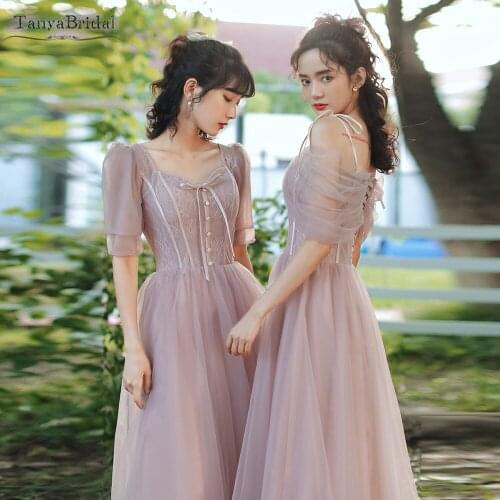 Dusty Pink A Line Bridesmaid Dresses Long Wedding Formal Gowns Fairy Party Dress DB035