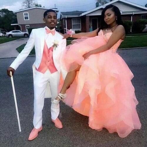 Pink Vest Long White Jacket Men Suits for Wedding Groom Tuxedos 3 Pieces Man Blazer Terno Masculino Costume Homme