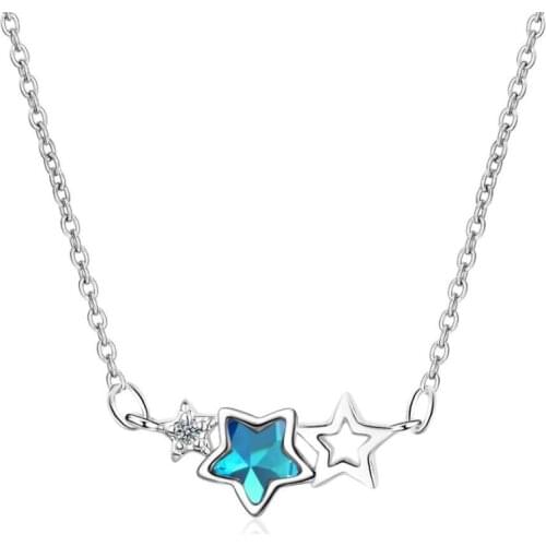 Blue Crystal Five-Pointed Star Sweet 925 Sterling Silver Clavicle Chain Personality Female Necklace SNE366