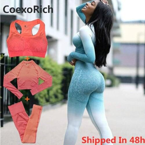 Gym Yoga Set Tracksuit Women Sports Bra Suit Crop Top Seamless Legging 2/3PCS Ombre Gymwear Workout Fitness Clothing Sportswear