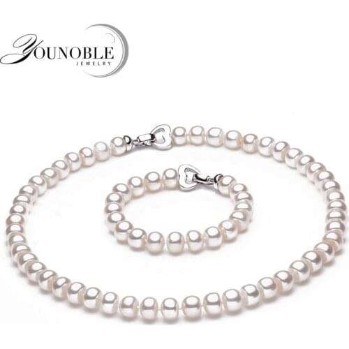 Wedding Natural Freshwater Pearl Necklace Bracelet Set,white 925 Silver Pearl Set Anniversary Girl Best Gift