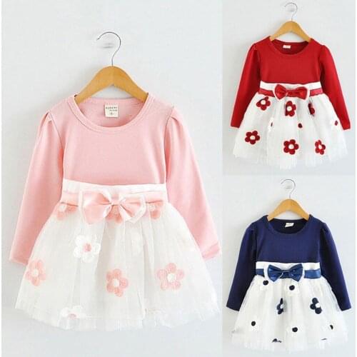 TELOTUNY Toddler Baby Kids Girls Long Sleeve Tulle Patchwork Flower Print Bow Dresses Kawaii baby girl Dress Clothes 6M-5Y