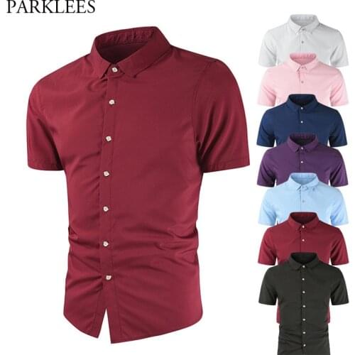 Solid Color Silk Mens Shirt Smooth Comfortable Shirt for Men 2020 Casual Slim Fit Men Dress Shirts Short Sleeve Men Clothing 4XL