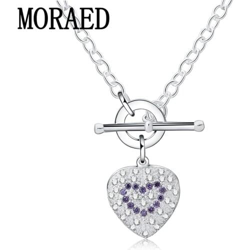 High Quality 925 Sterling Silver Fashion Love Heart AAA Purple Zircon Crystal Necklace For Women Wedding Engagement Party Gift