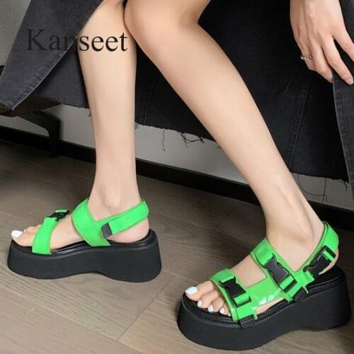 Kanseet Fashion Buckle Strap Women Sandals Thick Heels Ladies Real Leather Shoes Women 2021 Summer Sandals Green Large Size 40