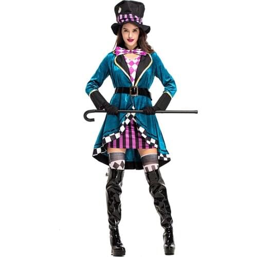 Alice in Wonderland Clown Mad Hatter Costume for Adults Women Fantasias Sexy Magician Cosplay Halloween Carnival Magic Dress