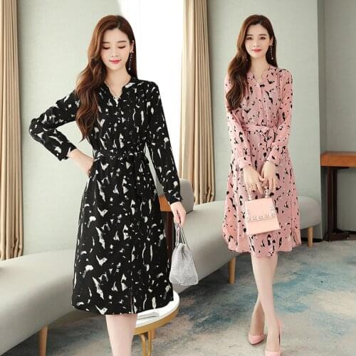2021 Vintage Print Chiffon Midi Dresses Autumn Winter New Plus Size Black Long Sleeve Dress Elegant Women Bodycon Party Vestidos