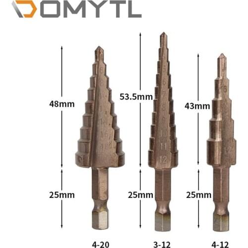 3pcs Hexagon Shank Straight Slot Step Drill Bit Hss Pagoda 4-12/4-20/3-12mm reaming Tool Titanium Plating Suitable Thickness 5mm