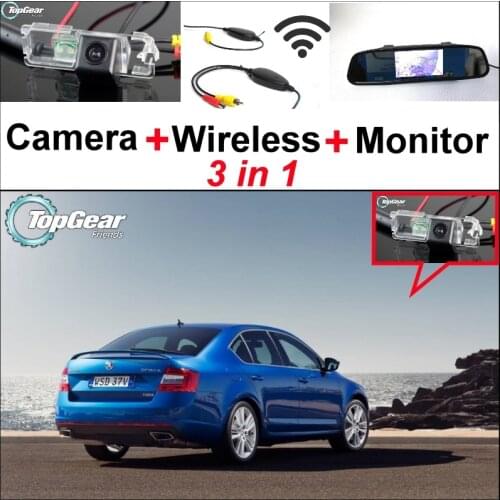 3 in1 Special Rear View Camera + Wireless Receiver + Mirror Monitor Easy DIY Back Up Parking System For Skoda Octavia 5E MK3