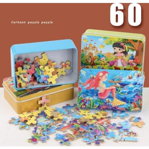 60PCS Baby Iron Box Wooden Jigsaw Puzzle Kids Cartoon Story Flat Jigsaw Early Educational Toys Assemble Toy for Children