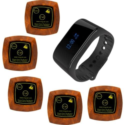SINGCALL Wireless Waiter Call System 1 APE6900 Wrist Watch and 5 Call Buttons with Cancel and Call Keys