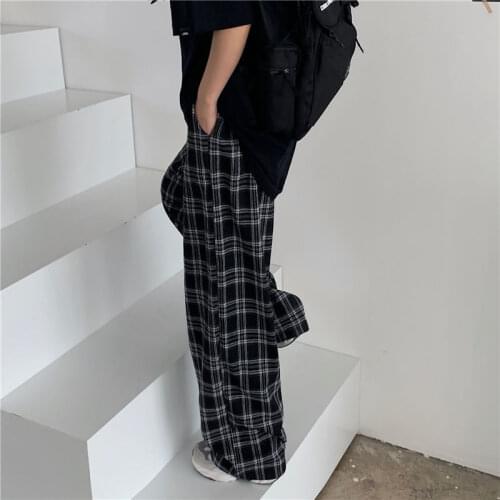 Oversize 3XL Plaid Pants Women Casual Loose Wide Leg Trousers Ins Retro Teens Straight Trousers Hip-hop Unisex Streetwear