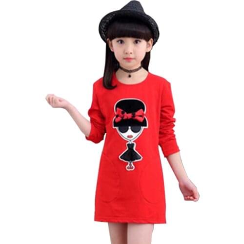 Kids Dresses For Girls Cartoon Patch Dress For Girls Dot Bow Party Dress Girl Spring Autumn Cute Girls Clothes 6 8 10 12 14 Year