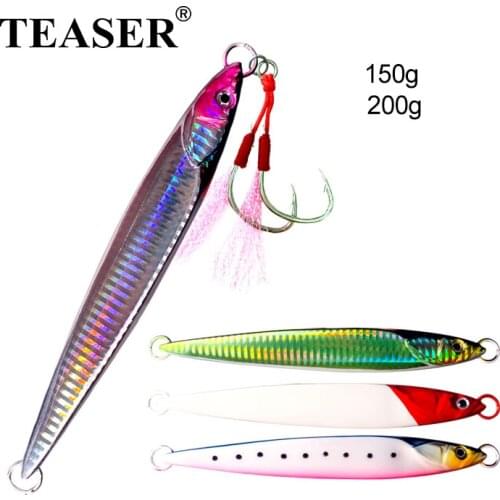 TEASER 150g 200g Hard Metal Jigs Slow Sinking Glow Fishing Jigs Japan Laser Artificial Saltwater Lure Sea Jig With Assist Hooks