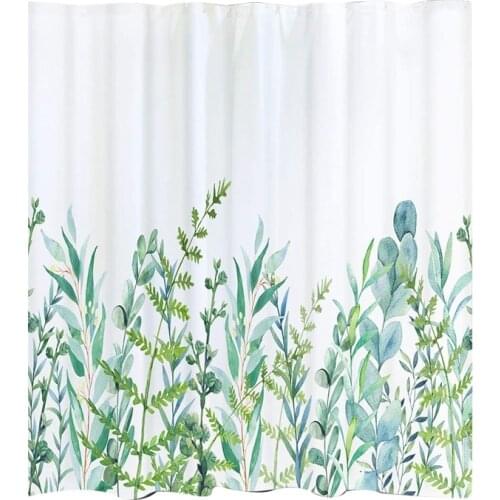 Shower Curtain with 12 Hooks Leaves Curtain Washable Textile Children Bathtub Digital Printing, 180X180 cm White Green