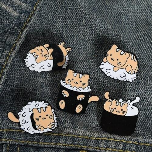 Adorable Cat Sleep Eating Rice Playing Ball Enamel Pins Cute Animals Japanese Foods Brooch Lapel Badge Bag Cartoon Jewelry