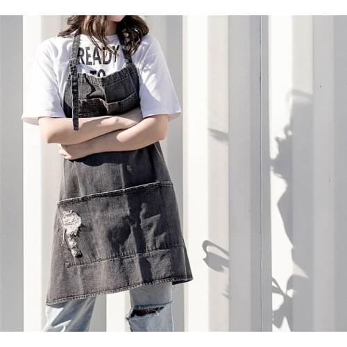 European and American Cotton Denim Sleeveless Worn Out Apron Fashion Korean Adult Baking Work Clothes Overalls Apron