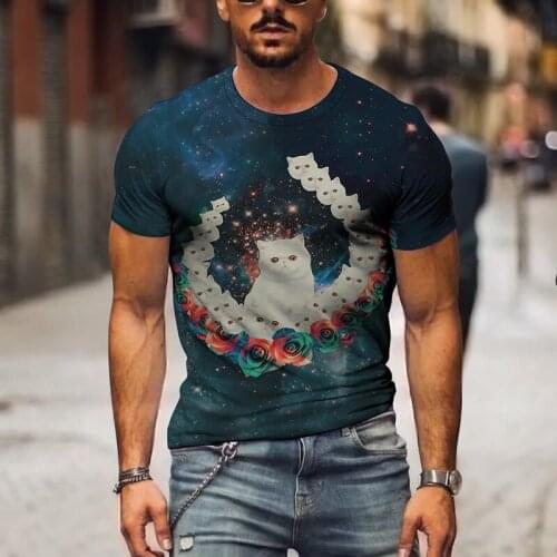 2021 New Summer Casual Tops Retro Cute Cat Print Oversized Mens T-shirt Short Sleeve O-neck Fashion Streetwear Mens T-shirt
