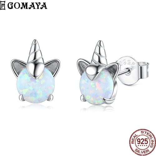 GOMAYA 100% 925 Sterling Silver Unicorn Opal Stud Earrings For Women Wedding Small Earring Fine Anniversary Jewelry Recommend