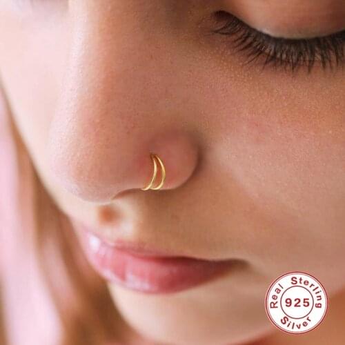 GS 925 Sterling Silver Double Circle Nose Rings For Women Girls Small Open Hoop Ring Type Piercing Cartilage Stud Body Jewelry
