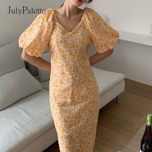 JulyPalette French Elegant Floral V-neck Dress 2021 Summer Holiday Women Puff Sleeve Ladies Party Dress Casual Women Midi Dress