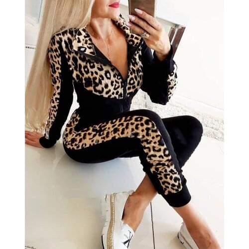 Autumn Women Tracksuit Leopard Splicing Turn Down Collar Long Sleeve Zipper Top and High Waist Skinny Pants 2PCS Sets