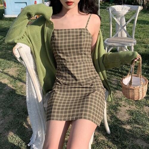 Summer Slim Spaghetti Strap Dress Vintage Plaid Avocado Green Ladies Mini Dresses Women Beachwear Off Shoulder Backless Dress