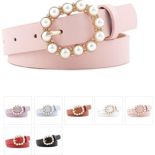 Fashion Pearl Decorative Belt Ladies Belt Round Pin Buckle Pearl Belts Womens Casual Solid PU Leather Thin Belt ceinture femme