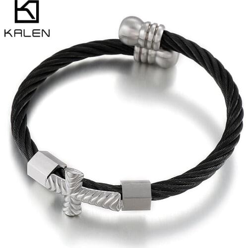 Kalen Punk Cross Accessories Twisted Wire Chain Stainless Steel High Quality Bangles Mens Jewelry