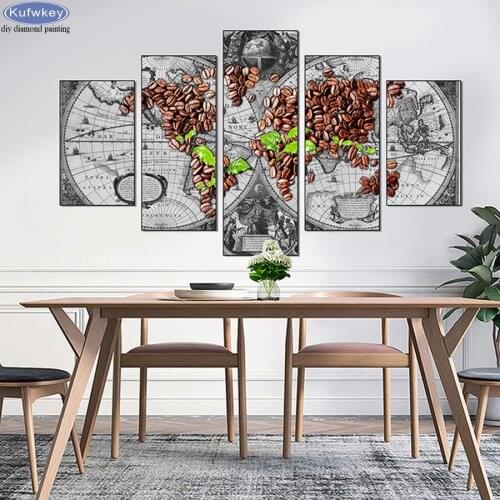 5pcs 5D Diamond Embroidery Diy Cross Stitch Diamond Painting Kit World Map Coffee Beans Picture for Living Room or Kitchen Decor