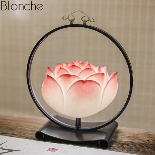 Chinese Style Retro Lotus Table Lamp for Living Room Bedroom Bedside Lamp Vintage Led Stand Desk Light Fixtures Study Home Decor