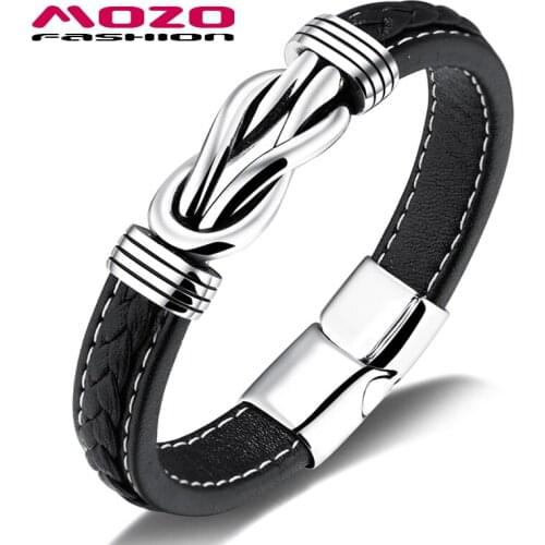 New Fashion Men Jewelry Black Leather Bracelet Stainless Steel Punk Double Knot Charm Magnet Buckle Bangle