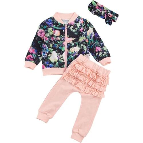 New 1-6Yrs Infant Baby Kid Girls Stylish Clothes Sets, Floral Printed Sweatshirts + Pink Ruffle Long Pant with Headband Outfits