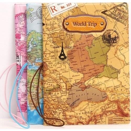 Leather World Map Passport Holder Passport Cover Organizer Travel Card Case Document PVC Cover File Wallet