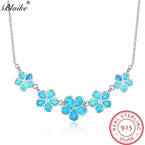 Blaike 100% Solid 925 Sterling Silver Flower Charm Necklace Fine Jewelry Luxury Blue Fire Opal Birthstone Pendants For Women