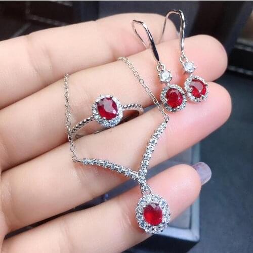 Free Shipping Natural and Real Ruby jewelry set Natural Real Ruby 925 sterling silver 1pc pendant,2pcs Earring,1pc Ring