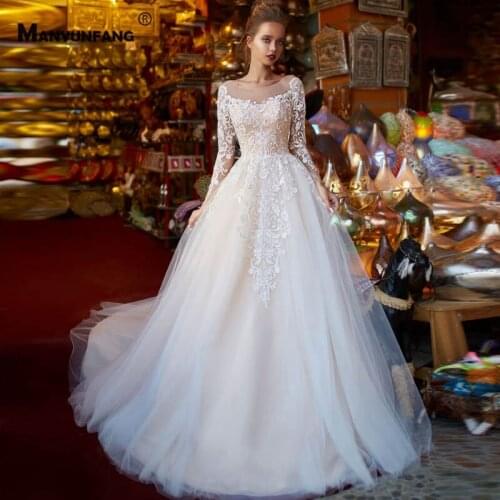 Luxury Full Sleeve Embroidery Appliques Tulle Chapel Train Bridal Ball Gown High-End O-Neck Button Back Wedding Dress for Women
