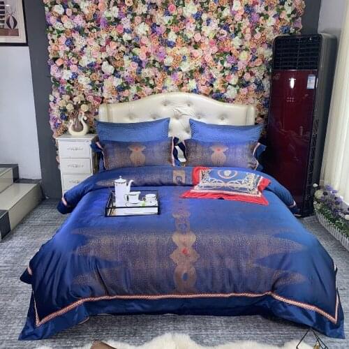 Embroidered Luxury Egyptian cotton Wedding Bedding Sets Brief Queen King size4/6pcs Bed set Bed Sheet Duvet blue