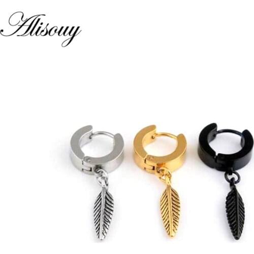 Alisouy 2PC rock Hoop feather Cuff unisex hoop Earrings Stainless Steel piercing ear jewelry color Black Gold color for chose