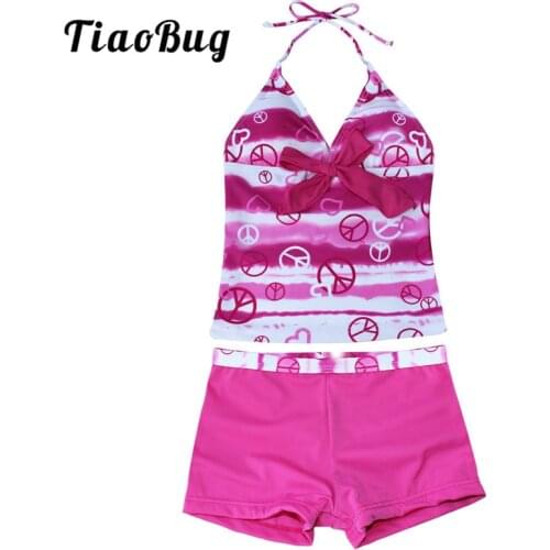 TiaoBug Kids Teens Hot Pink/Blue Heart Print Swimsuit Children Girls Halter Top Shorts Tankini Bikini Set Bathing Suit Beachwear