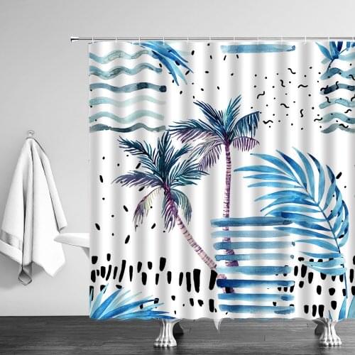 Tropical Plant Leaves Blue Ocean Landscape Shower Curtain Tree Leaf Flower Bathroom Decor Creative Waterproof Fabric Curtains