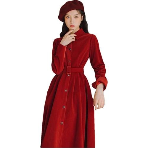 Vestidos Women Clothing Retro Women Dress 2021 New Large Size Solid Color Temperament Fashion Autumn Winter Womens Dress NBH47