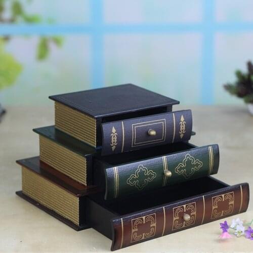 Vintage Book Type Superimposed Three-Layer Jewelry Box Wooden Crafts Desktop Finishing Box Cosmetics Storage Box Home Decoration
