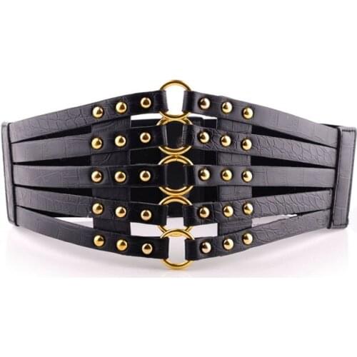 Vintage Steampunk Rivets Belt Women Waist Train Gothic Corsets and Bustiers Trimmed with Brown Leather Harness